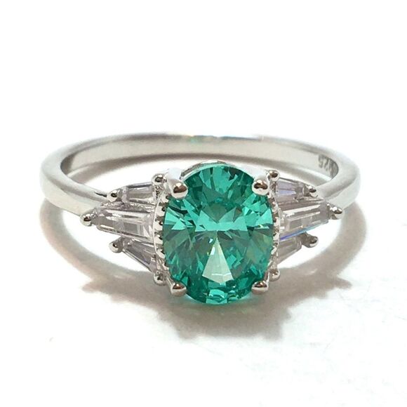 Sterling Silver Ring Size 7 Cubic Zirconia Baguettes Blue Green Oval Crystal - Picture 1 of 11